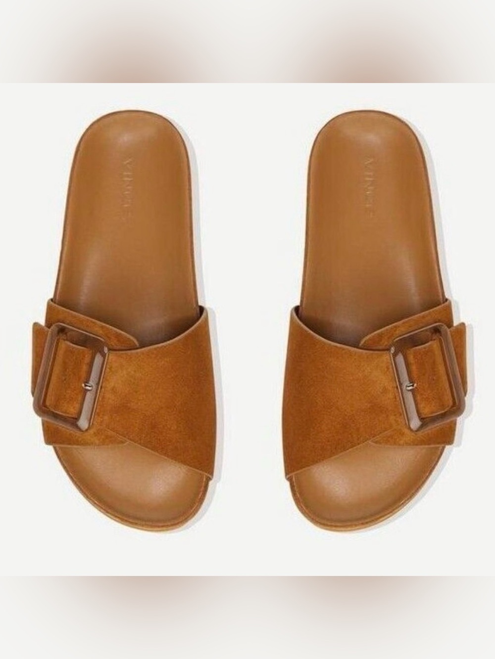 Vince Women’s Grant Tan Suede Buckle Slide Sandals, Size 9.5, Flat Heel